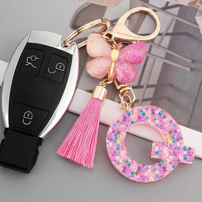 Suweibuke Cute Pink Key Chains for Women Girls, Initial Letter Keychains with Tassel, Charms for Key Purse Handbags Backpacks