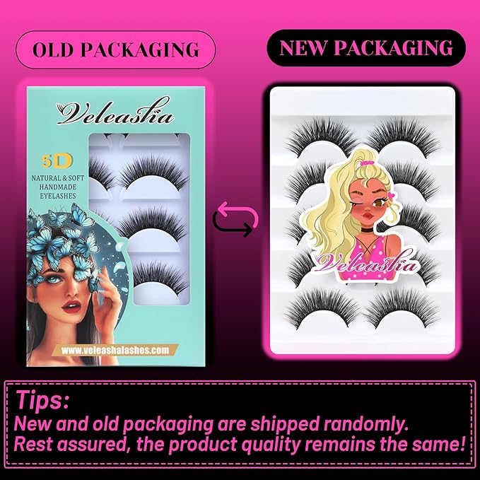 Veleasha Lashes 5D Faux Mink Lashes 100% Handmade Fluffy Fake Eyelashes C Curl Lightweight Wispy False Eyelashes Luxurious Soft Lashes 5 Pairs Pack (5D32)