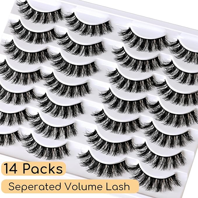 APCYUST Wispy Lashes Fluffy Mink Eyelashes 16mm Natural Thick False Eye Lash Strips 14 Sets Medium Wispies Fake Strip Doll Eyelash Wet Spikes Style Full Volume Cateye Spiky Lashes Manga Look