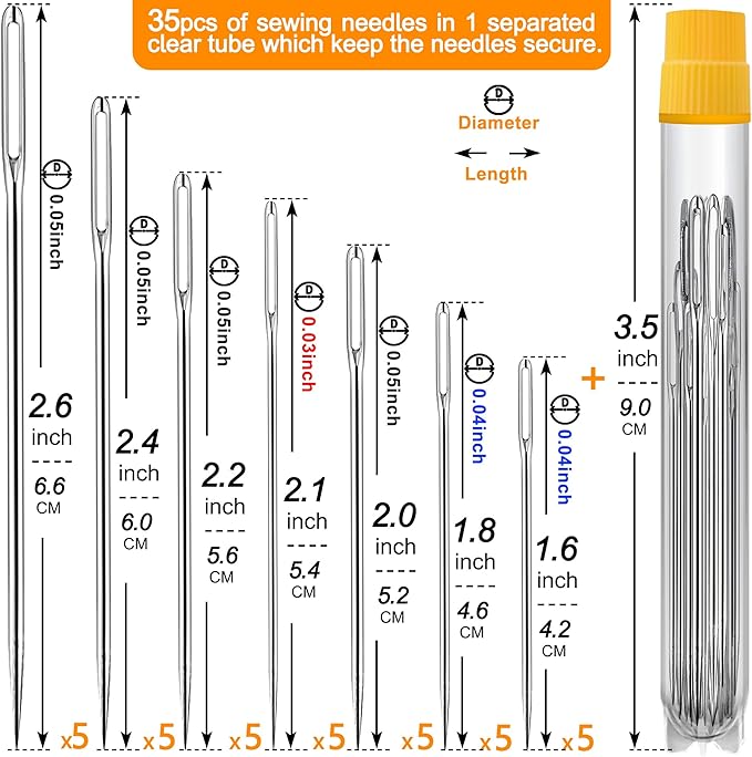 70 Pack Premium Large Eye Needles for Hand Sewing with 4 Needle Threaders, Assorted Sizes, Embroidery Needles for Hand Sewing, Sewing Needles Large Eye, Big Eye Needle