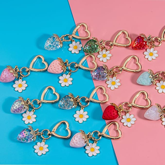 Wikavanli Cute Strawberry Keychain,Bag Charms,Kawaii Heart Flower Daisy Key chains Accessories Decor for Women Girls Purse