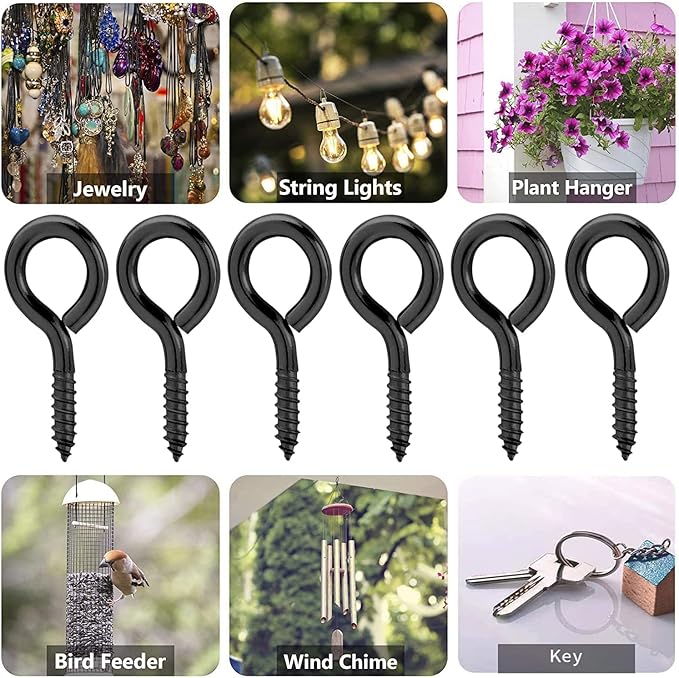 WANBAO 30 Pcs 2 inch Small Screw Eyes Metal Screw Hooks Ring Screws Fasteners Hardware Tools, Black