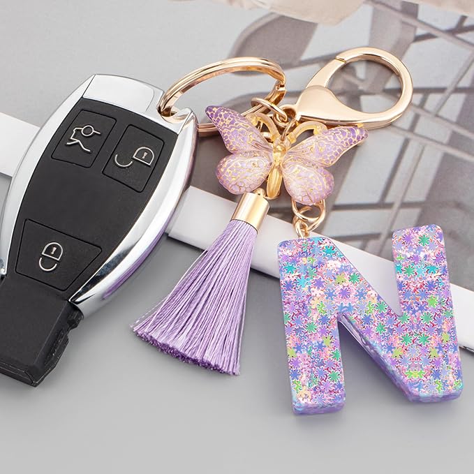 Suweibuke Cute Pink Key Chains for Women Girls, Initial Letter Keychains with Tassel, Charms for Key Purse Handbags Backpacks