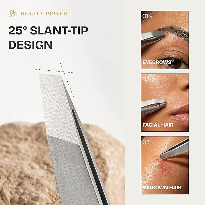 Beauty Power Professional Tweezers in Case - Slant, Durable Lightweight German Stainless Steel, Ultra Precision Tweezers for Eyebrows, Facial Hair, Chin, and Ingrown Hair Removal - Gift (Matte Gray)