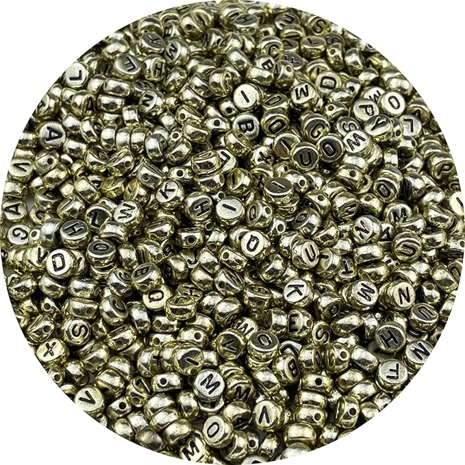 1000pcs Round Letter Beads 4x7mm Acrylic Alphabet Beads Spacer Beads for Jewelry Making Bracelets Necklace Earring Key Chains DIY Craft(M-Black Letter Antique Gold Bead)