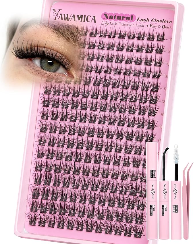 Yawamica Wispy Lash Clusters Kit DIY Eyelash Extensions 10-16mm C Curl Individual Cluster Lashes for At-Home Salon Look, Reusable False Eyelashes Clusters with 2-in-1 Bond and Seal & Tweezers