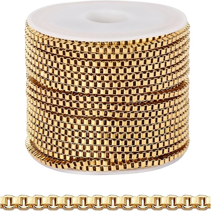 33FT Gold Box Chain for Jewelry Making 2MM Gold PVD Plated Staianless Steel Square Box Chain Roll Bulk for DIY Crafts Jewelry Making