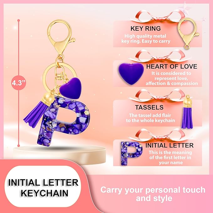 Initial Keychains for Women with Cute Heart Resin - Alphabet Letter Keychain for Bag, Backpacks, Purse or Car key
