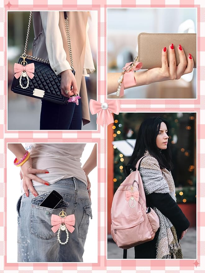 Sureio Pink Bow Keychain Coquette Pearl Bowknot Keyring Bulk Wristlet Keychain Vintage Ribbon Purse Charm for Women Handbags