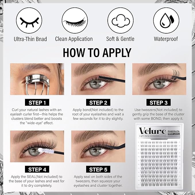 PHKERATA Velure Lash Clusters Kit Natural Eyelash Clusters Wispy Lash Extension Kit Invisible Clear Band Lashes DIY Cluster Eyelash Extensions with Bond and Seal Tweezers, 8-16mm, 120Pcs