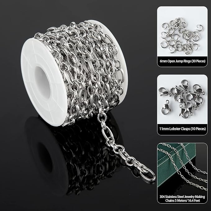 16.4 Feet Silver Stainless Steel Chains for Jewelry Making Heavy Men Hip-pop Necklace Embossed Cable Link Chain Bulk with 30 Jump Rings 10 Lobster Clasps