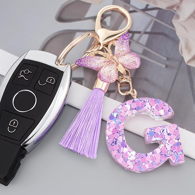 Initial letter Keychains for Women Girls Tassel Butterfly Cute Keychain for Wallet Backpack charm