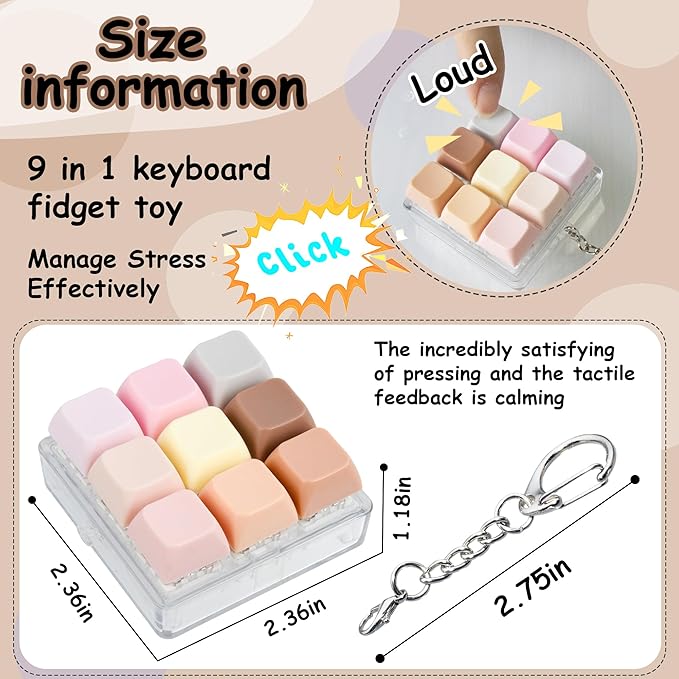2 Pack 9 in 1 Keyboard Fidget Toy, Keyboard Fidget Keychain Anti-Stress Keyboard Decompression Button Finger Clicker Toys Stress Relief Fidget Gifts (Morandi)