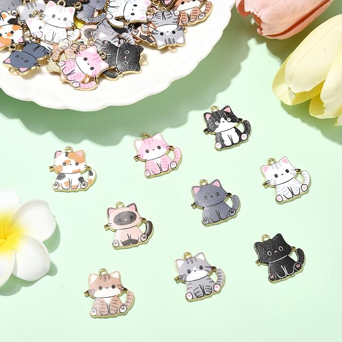 Stiesy 45 Pcs 9 Colors Enamel Cat Charms for Jewelry Making Kawaii Printed Kitten Animal Bracelet Charms for Jewelry Making Crafts DIY Necklace Earring