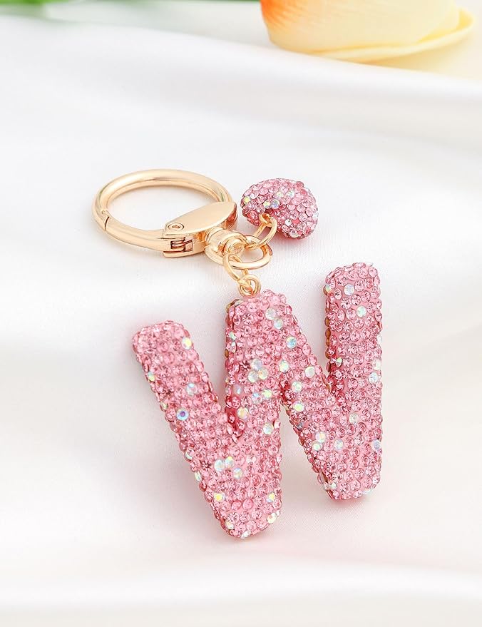 Initial Keychain for Women Girls,Bling Letter Key chain Initial with Heart,Pink Keychain Charms for Backpack Handbag