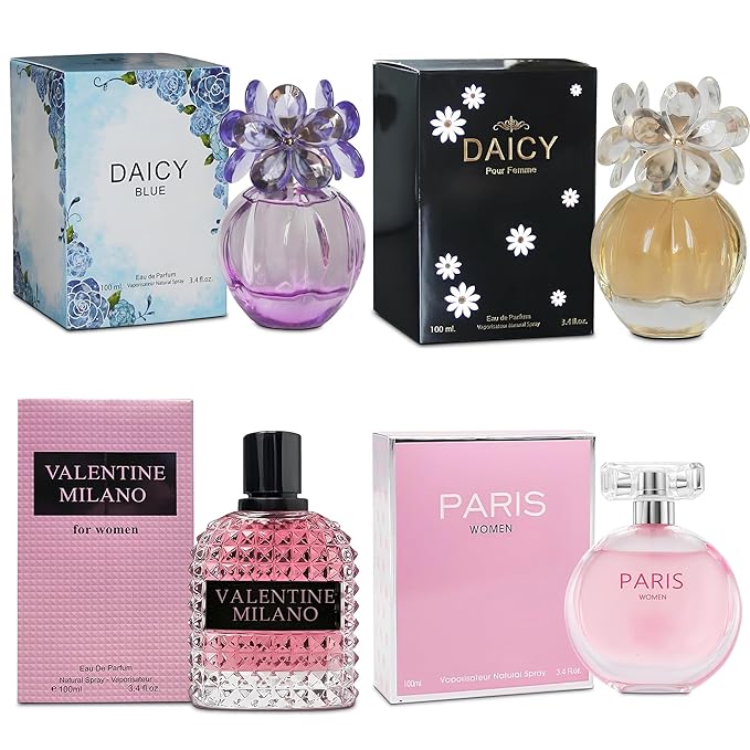 A CENTER 4PCS Perfume Set for Women - Floral Fragrance Gift Set with Vanilla,Sweet Fruity, Eau De Parfume| 3.4 Fl Oz Each Women's Cologne(Valentine Milano,Paris,Daicy Black/Blue)