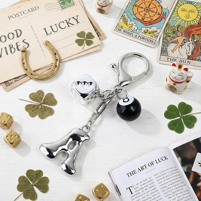 8 Ball Dice Keychain with Silver Bubble Initial - Y2K Aesthetic Cute Bag Purse Charms for Women