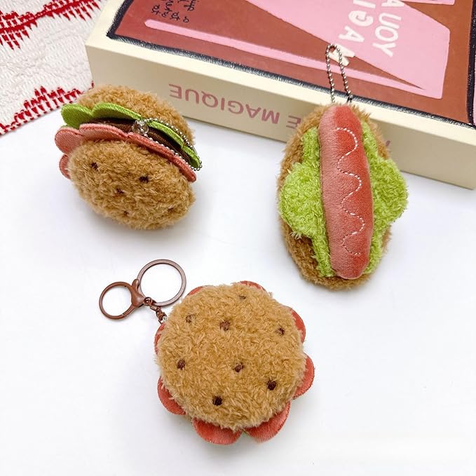Super Cute Realistic Plush Cherry Cake Sandwich Hamburger Hotdog Bread Keychain Key Ring Bag Charm Pendant