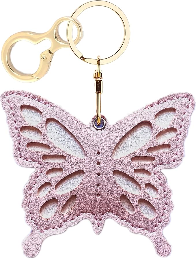 Leather Keychain Holder Case Compatible with AirTag,Cute Protective Apple Air Tag Cover with Keychain Ring,Anti-Scratch Finder GPS Tracker Case for Wallet Keys,Bag,Pets(Pink Butterfly)