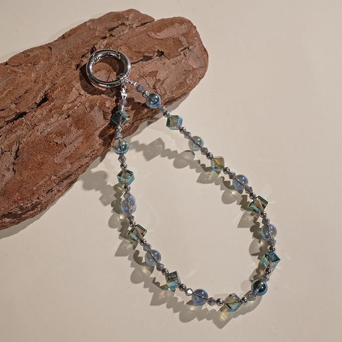 Cell Phone Wrist Strap Crystal Beaded Phone Bracelet Strap For Women Sparkling Beads Wristlet Lanyard Beaded Chain (Aqua Glass Green)