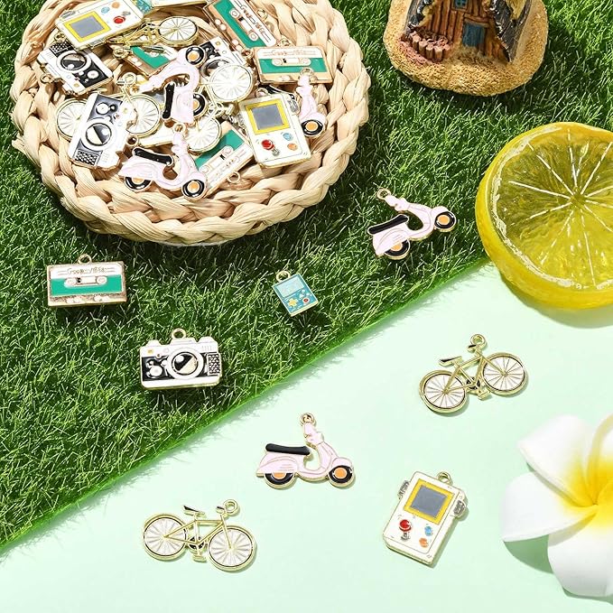 Stiesy 30 Pcs 3 Styles Enamel Vintage Charms Retro Bicycle Motorbike Camera Game Machine Metal Charm Bulk for Jewelry Making Crafts Bracelets Necklace Earring DIY Presents