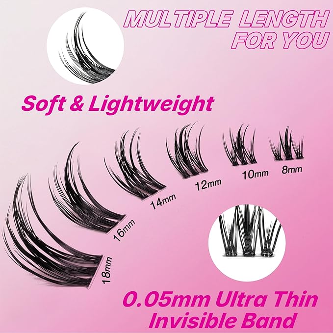 VEYESBEAUTY Lash Clusters Eyelash Extensions Thin & Invisible Band DIY Individual False Eyelashes Newbie's Five-Second Series Wispy Lash Tray for Self-application, Camellia Lashes 8-18mm Mixed Length
