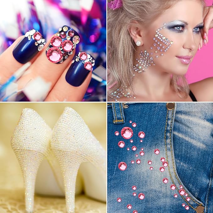 Jollin Glue Fix Crystal Flatback Rhinestones Glass Diamantes Gems for Nail Art Crafts Decorations Clothes Shoes(ss8 2880pcs, Rose)