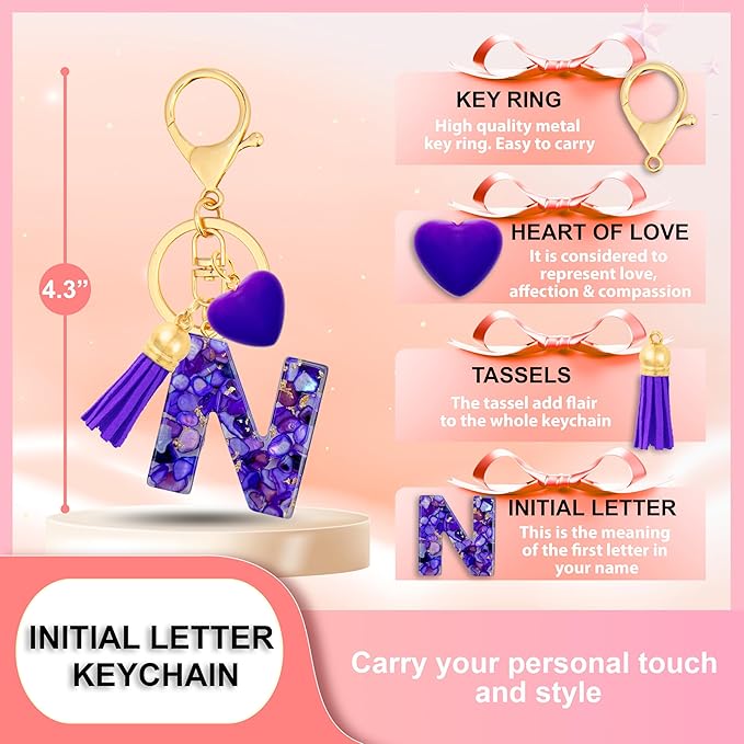 Initial Keychains for Women with Cute Heart Resin - Alphabet Letter Keychain for Bag, Backpacks, Purse or Car key
