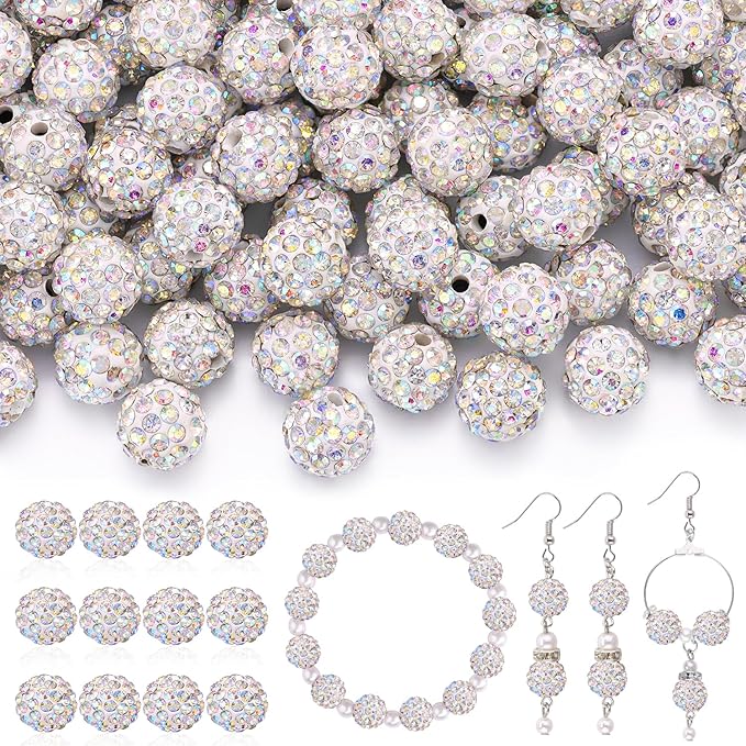 120pcs 10mm Rhinestone Beads for Jewelry Making, Crystal AB Shiny Round Shamballa Disco Ball Beads Bulk, Sparkle Crystal Clay Christmas for Bracelet Baseball Necklace Earring Crafting and DIY