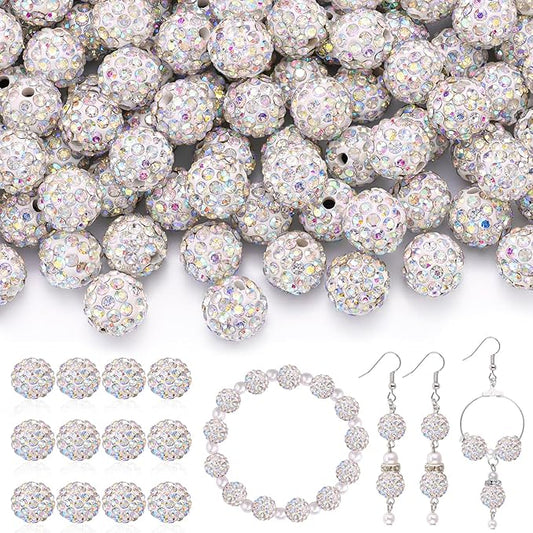 120pcs 10mm Rhinestone Beads for Jewelry Making, Crystal AB Shiny Round Shamballa Disco Ball Beads Bulk, Sparkle Crystal Clay Christmas for Bracelet Baseball Necklace Earring Crafting and DIY