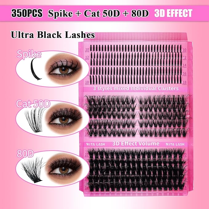 Lash Clusters Kit Eyelash Clusters Kit 3D Effect Cluster Eyelash Extensions Large Pack Spike Lash Extension Pestañas Postizas Naturales+Lash Bond&Seal,Remover,Tweezers,headband,wristband(Lash Kit-6)