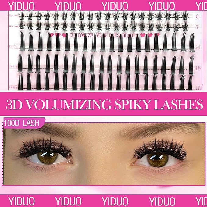 YIDUO Lashes Clusters with Spikes Bottom 280Pcs Volume Manga Wispy Cluster False Eyelashes Natural D Curl Individual 100D 12-20mm Anime False Mink Lashes Extensions Pack