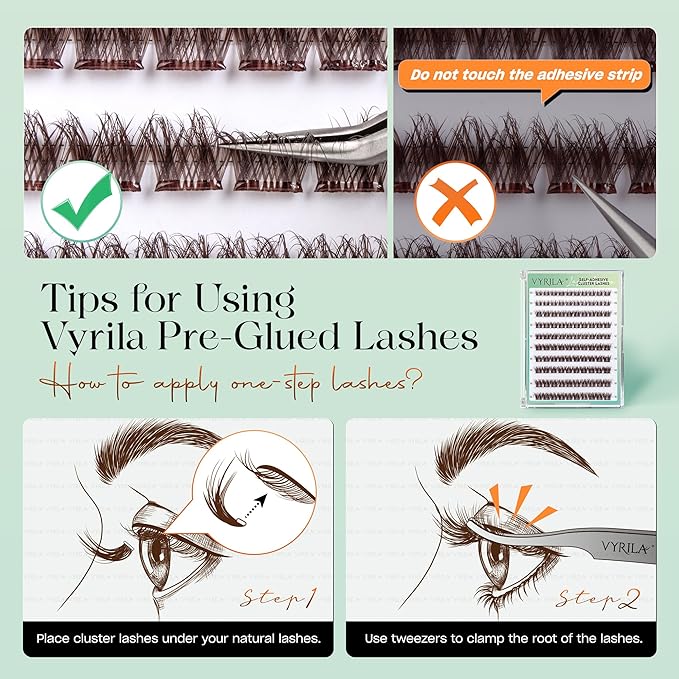 VYRILA Brown Self-Adhesive Lash Cluster Kit, Pre-Glued Clusters with Tweezers, Pop-On Faux Eyelashes, 3D Thin Band D Curl Natural Look Lahses, Easy to Apply, Reusable Eyelash Extensions (Joy-Brown)