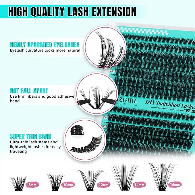Lash Clusters Wispy 280PCS Eyelash Extension 60D 80D Cluster Lashes Individual Lashes DIY Lash Extension Natural Look Cluster Eyelash Extensions Soft False Eyelashes at Home for Beginners(D-Mix8-16mm)