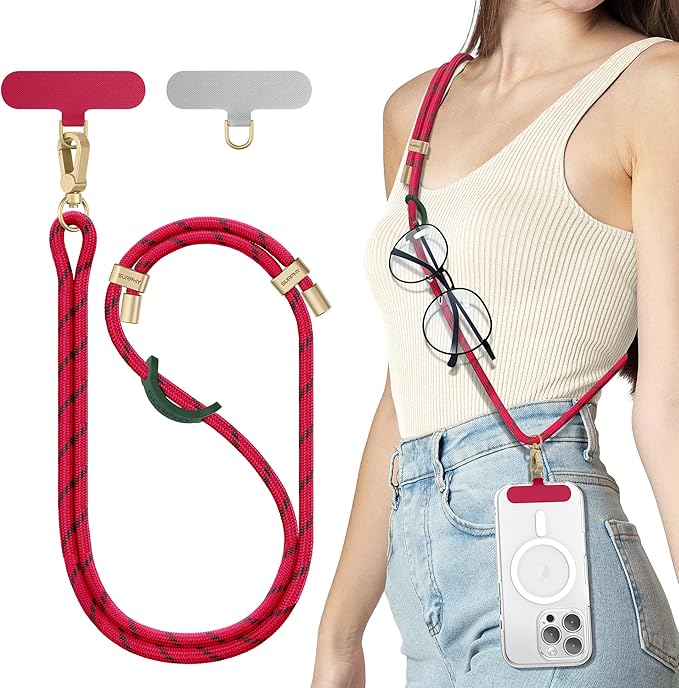 SURPHY Phone Lanyard Crossbody, Adjustable Cell Phone Lanyard with 2 Pack Phone Tether Tab, Two-Color Braided Phone Strap (Christmas Red)