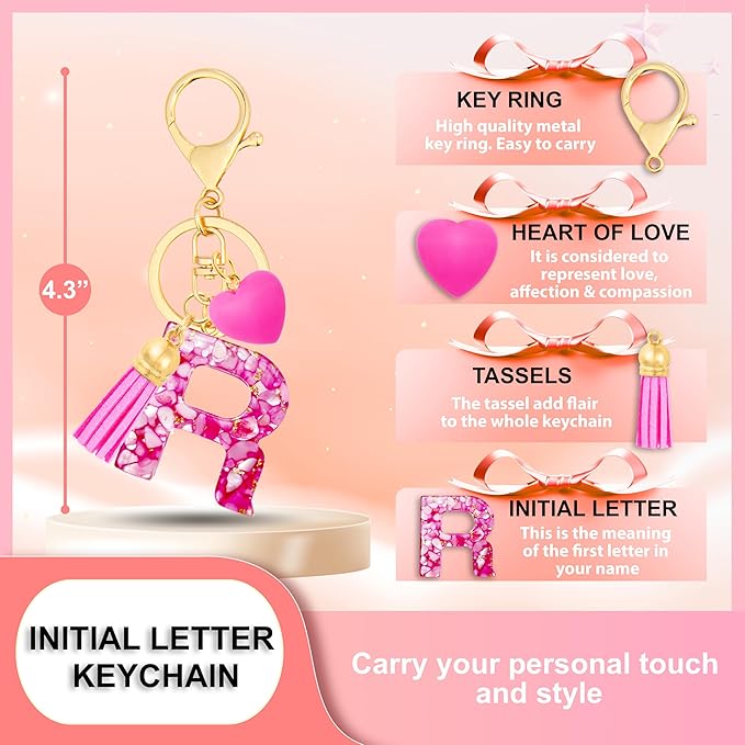 Initial Keychains for Women with Cute Heart Resin - Alphabet Letter Keychain for Bag, Backpacks, Purse or Car key