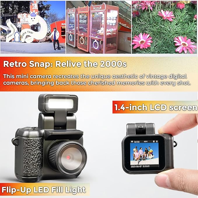 Small Digital Camera Keychain with Flash Light 1080p Tiny Camera Mini Retro Micro 1.4 in LCD Screen 32GB Card Charging Base Compact Portable Recorder for Travel Study Recording (Black)