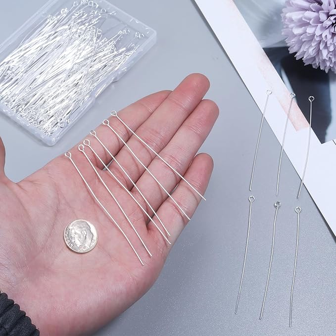 200 Pcs 70mm/2.76 Inch 21 Gauge Eye Pins for Jewelry Making Straight Head Ball Pin for DIY Christmas Styles Craft Earring Bracelet Necklace Pendant Making (Eye Pins,Sliver Color)