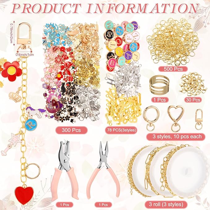 VioraWhite Lip Gloss Charm Kit Lip Gloss Keychain Making Kit Including Assorted Charms Keychain Clips Extender Chain(944 Pcs,Classic Style)