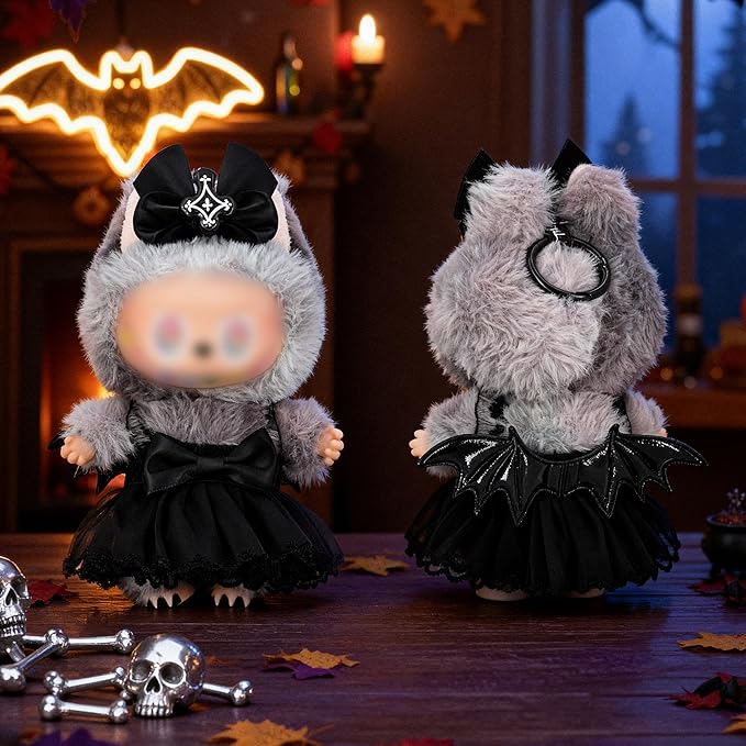 Clothes for Labubu 17cm Collectible Doll (No Doll Included), 2-Piece Little Witch Outfit Set (Dress & Hair Clip), Black Lace Costume Accessories