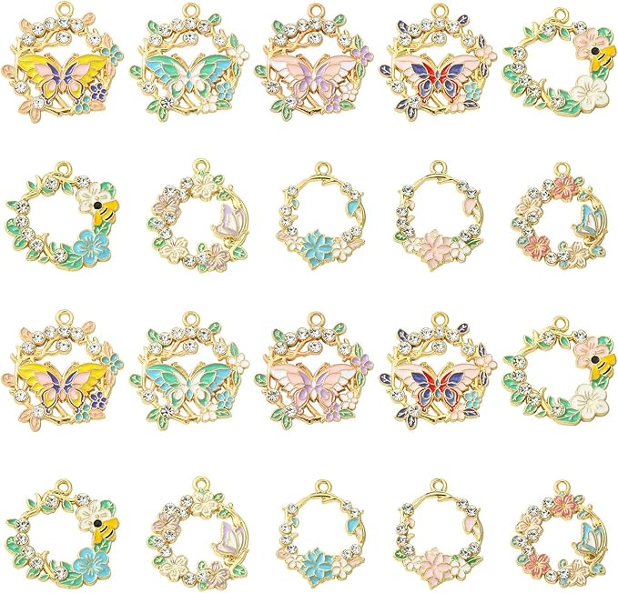 Stiesy 20 Pcs 10 Styles Spring Flower Wreath Charms Enamel Metal Charm Pendant with Rhinestone Butterfly Bee for Jewelry Making DIY Bracelet Earring Necklace Crafting