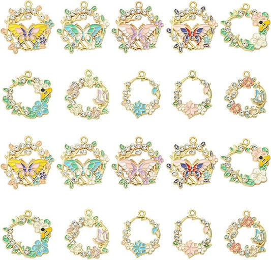 Stiesy 20 Pcs 10 Styles Spring Flower Wreath Charms Enamel Metal Charm Pendant with Rhinestone Butterfly Bee for Jewelry Making DIY Bracelet Earring Necklace Crafting