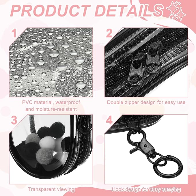 uxcell 4 Inch Clear Figure Display Bag, Mini Clear Pouch Waterproof Coin Pouch with Keychain and Pom Poms for Blind Box Doll Display (Round, Black)