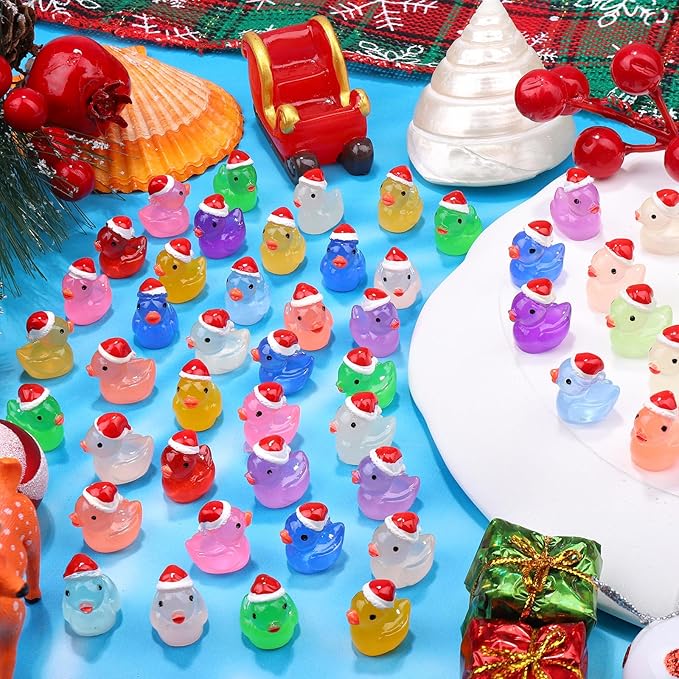 120Pcs Luminous Christmas Mini Resin Duck 14 Colors Glow in The Dark Small Duck Figurines for Miniature Christmas Decor Aquarium Ornament Dollhouse Decoration DIY Slime Craft Kit Birthday Party Favors