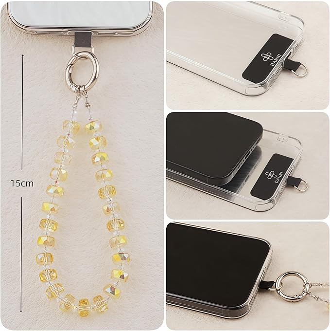 Crystal Beaded Phone Wrist Strap Glass Beads Bracelet Lanyard Crystal Chain Cell Phone Wristlet Strap for Women (Honey)