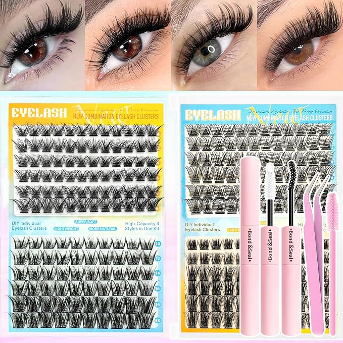 Lash Clusters Kit 288pcs, Natural Wispy DIY Eyelash Lashes Clusters Extensions Kit, 10-18mm D Curl with Lash Glue, Brush Tweezer