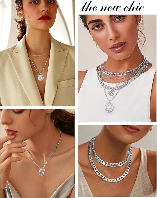 MJartoria Layered Necklaces for Women Trendy Balloon Initial Coin Pendant Necklace Dainty Chunky Chain Choker Necklaces Jewelry Birthday Gifts