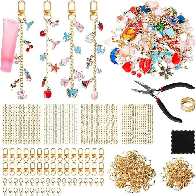 SUTROMA 423Pcs Lip Gloss Charms Keychain Kit | Including 100 Charms 60 Keychain Clip 30 Extender Chains 1 Jewelry Plier | Bag Charm Kit | Jewelry Making Supplies for DIY Key Chain Making (Kind1)