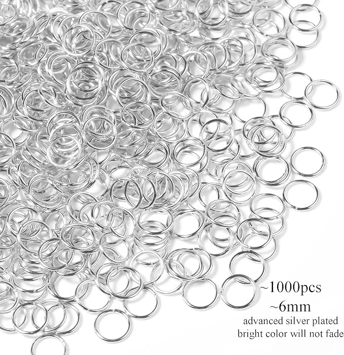 1000 Pcs 6mm Open Jump Rings Silver Plated Jump Rings for Jewelry Making Single Ring Bulk for DIY Craft Earring Necklace Bracelet Pendant Choker Jewelry Making Findings and Key Ring Chain