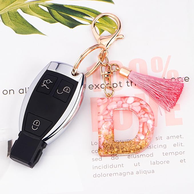 Suweibuke Cute Pink Key Chains for Women Girls, Initial Letter Keychains with Tassel, Charms for Key Purse Handbags Backpacks